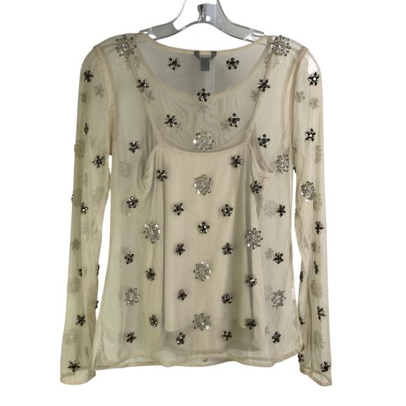 Ann Taylor Top Womens Size XS Cream Nude Mesh W/Gems - Picture 3 of 10